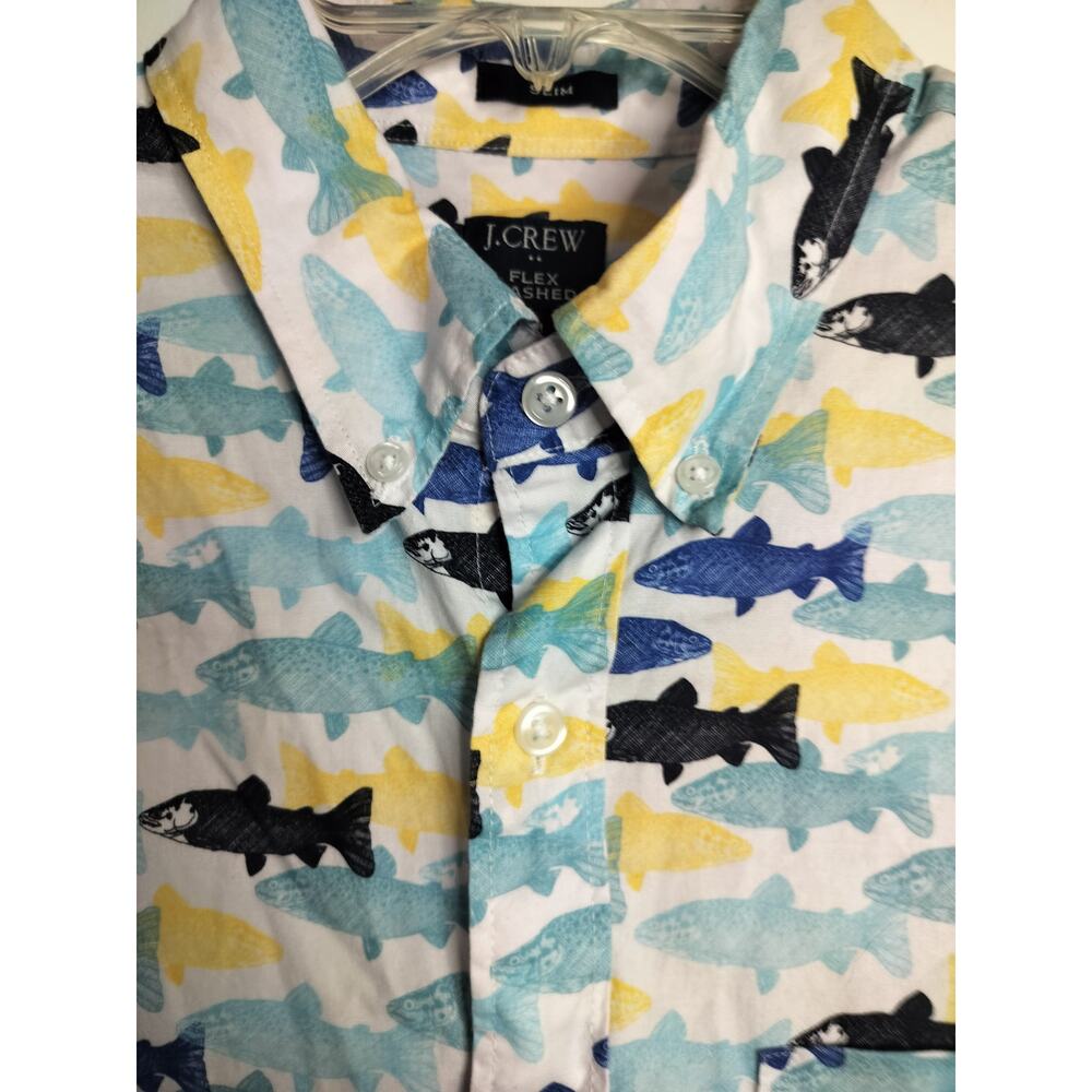 M1191) J Crew Men Slim Flax Washed Button Down Collar Fish Print Short Sleeve M - Picture 6 of 8